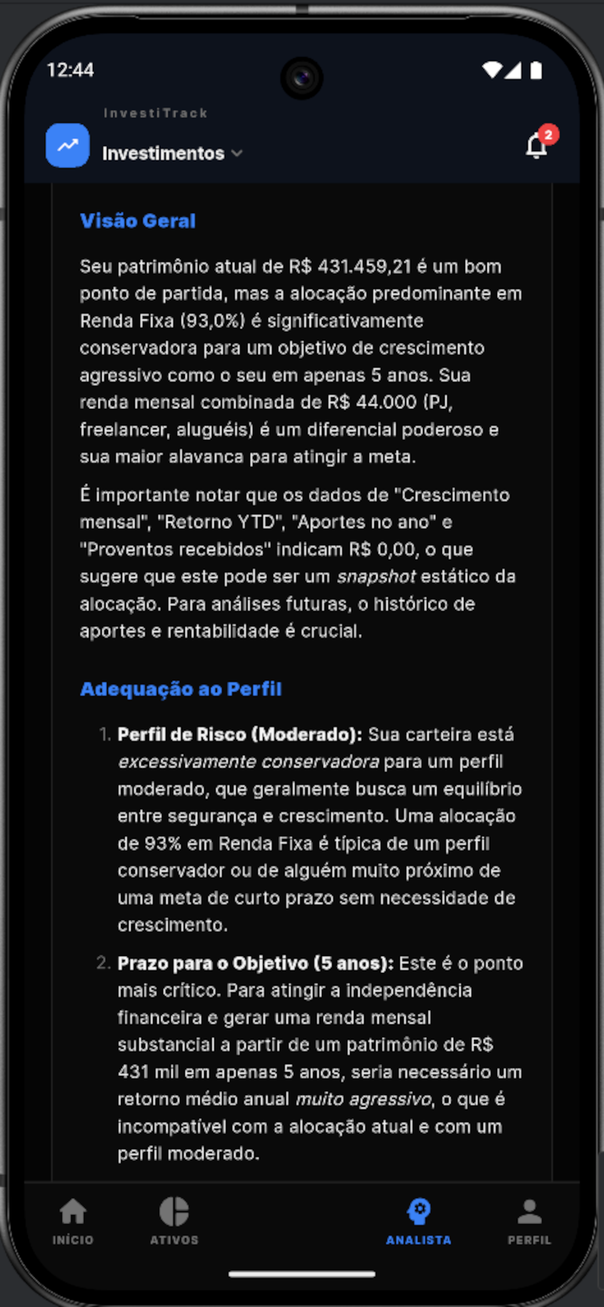 Tela do Analista IA do Investitrack - Análise automática da carteira