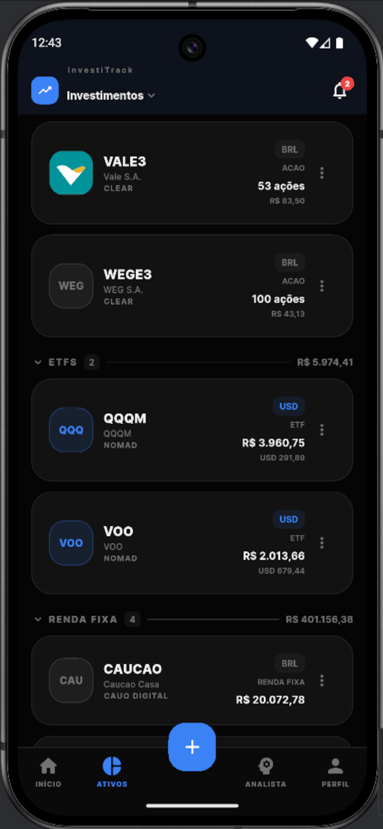 Tela de Ativos do Investitrack - Lista de ações, ETFs e renda fixa