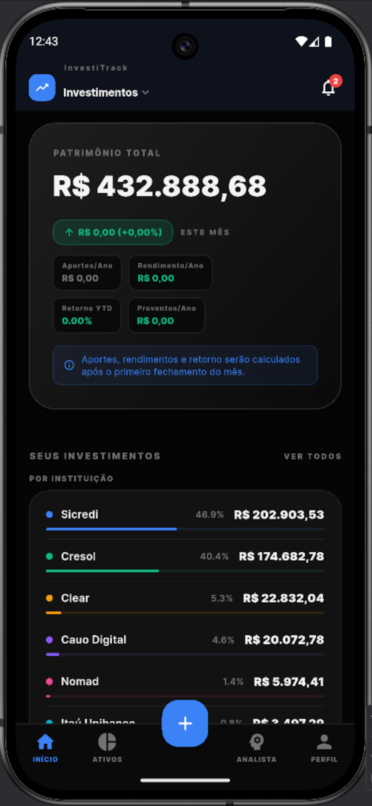 Tela Dashboard do Investitrack - Patrimônio total e resumo da carteira
