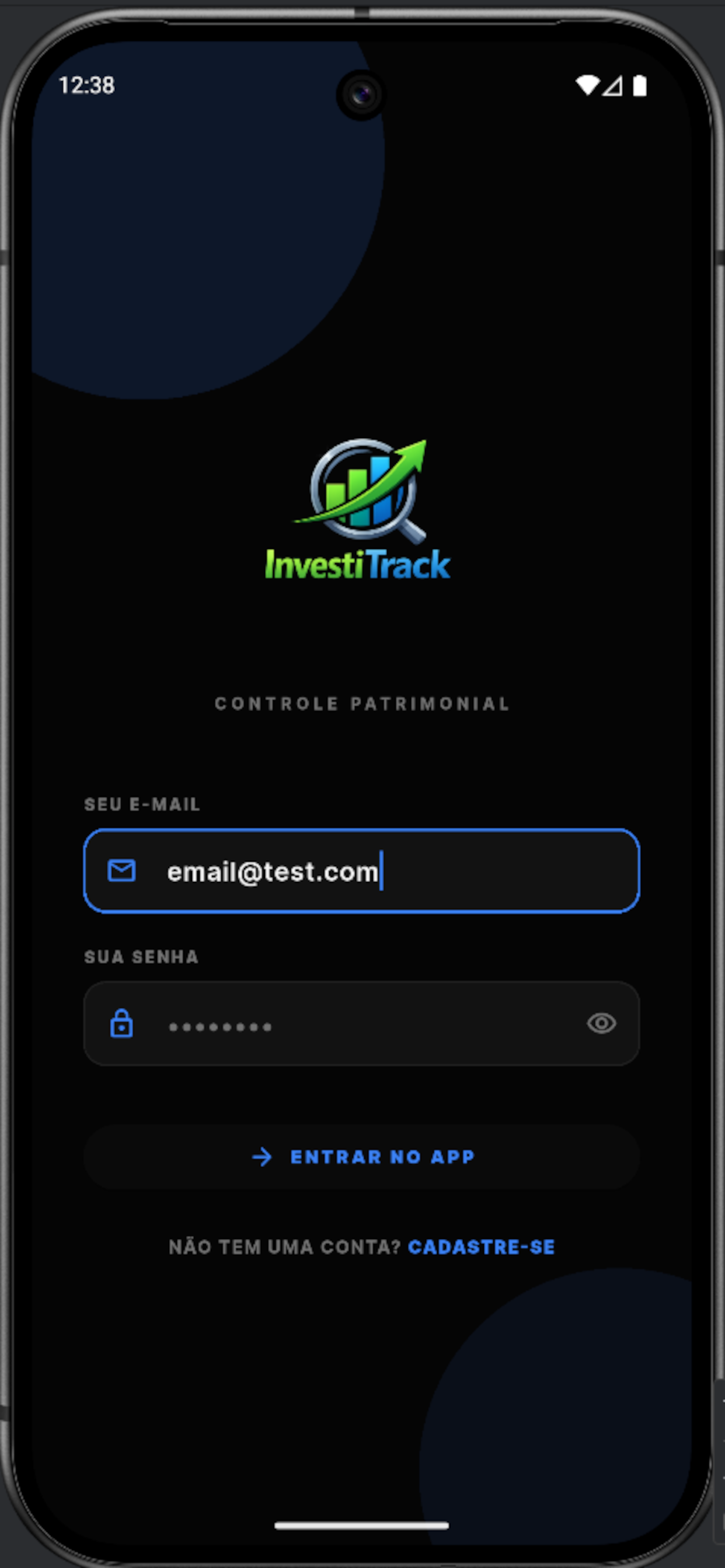 Tela de login do Investitrack