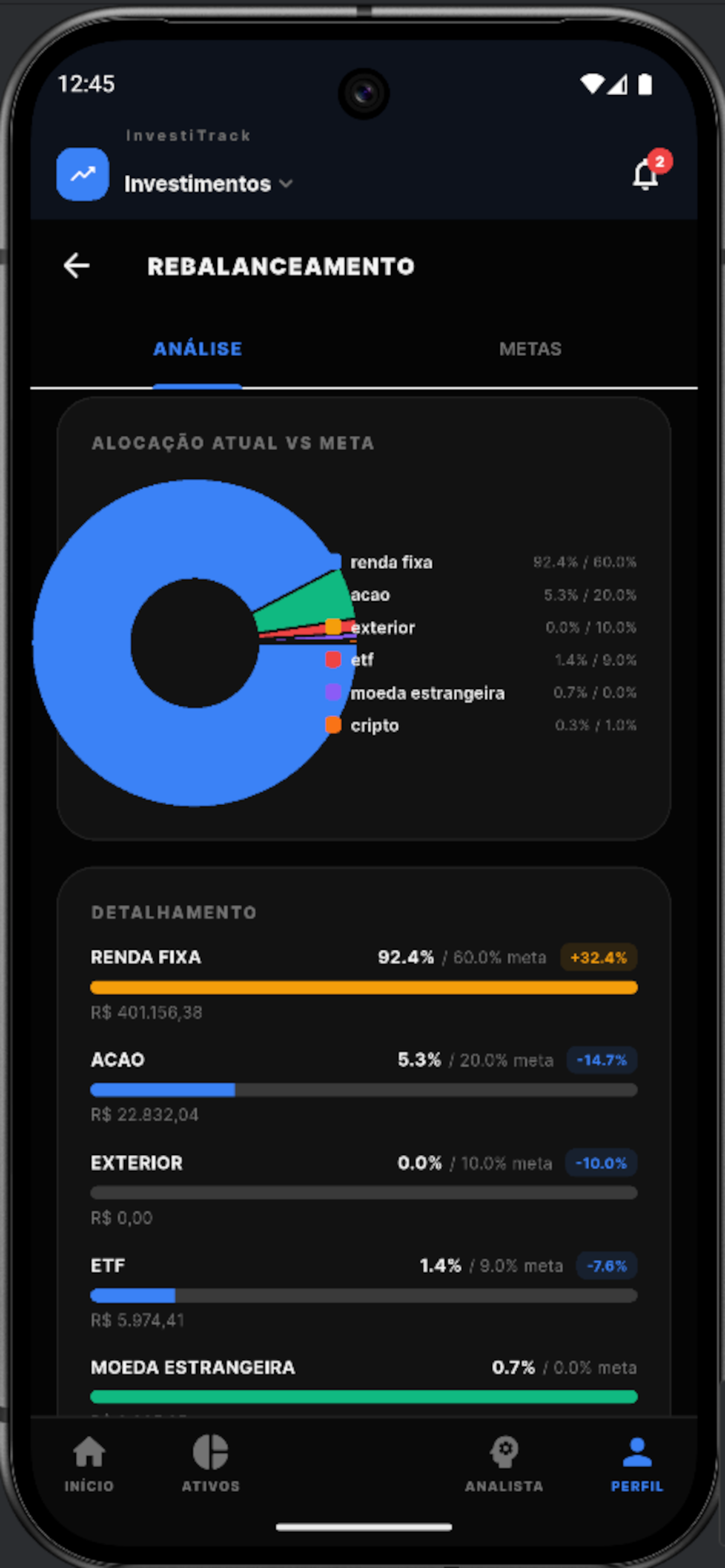 Tela de Rebalanceamento do Investitrack - Alocação atual vs meta